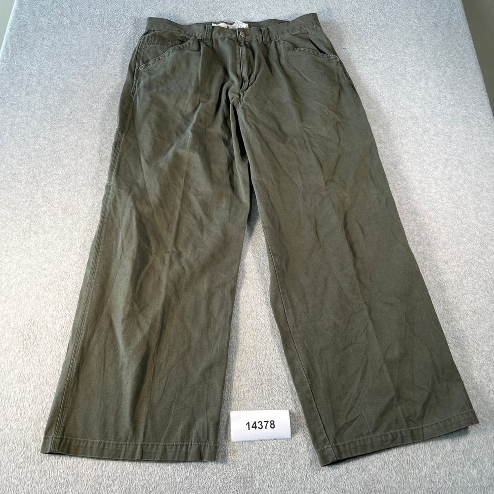 Retro Blues Pants Mens 38x32 Olive Green Cotton Work Relaxed Fit Hammer Loop